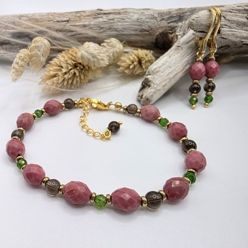 Komplet biżuterii z rodonitu, diopsydu i kwarcu dymnego