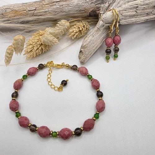 Komplet biżuterii z rodonitu, diopsydu i kwarcu dymnego