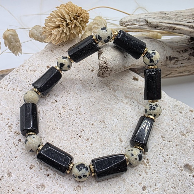 Bransoletka damska z czarnego turmalinu i jaspisu dalmatyńskiego