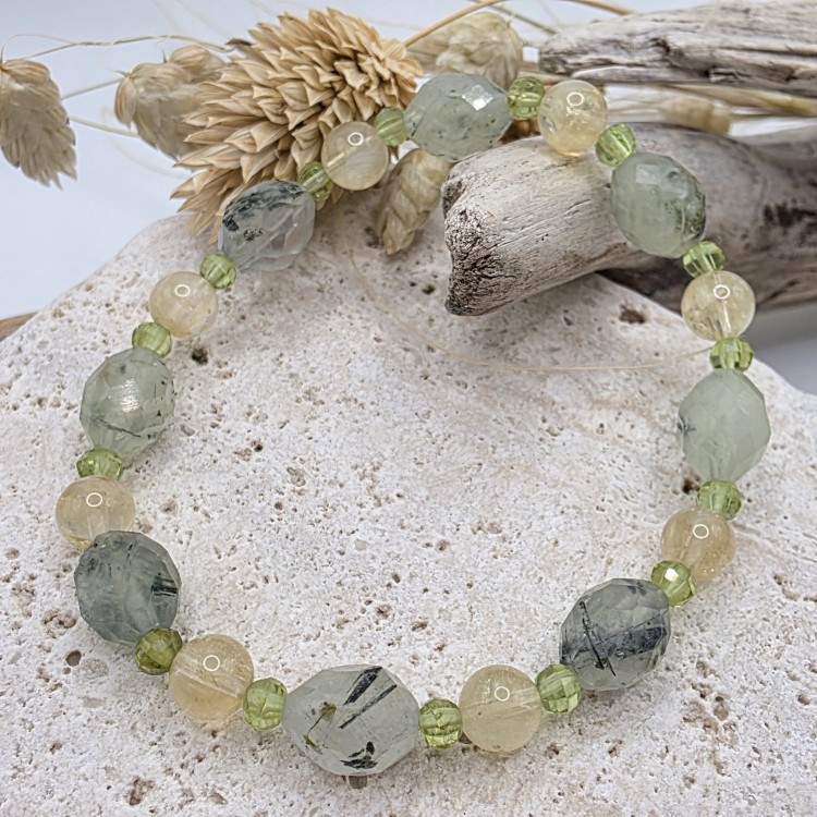 Bransoletka damska z frenitu/prehnitu, cytrynu i oliwinu