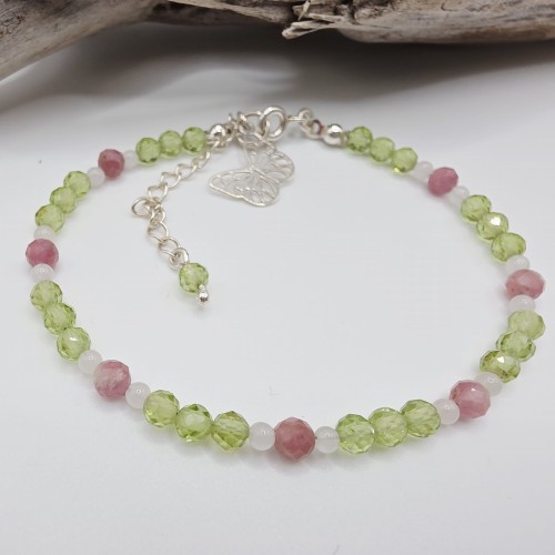 Bransoletka damska z kamieni naturalnych - oliwin, turmalin różowy, kwarc różowy