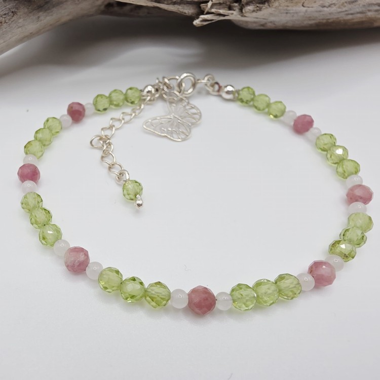 Bransoletka damska z kamieni naturalnych - oliwin, turmalin różowy, kwarc różowy