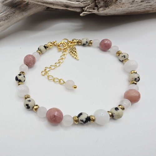 Bransoletka z kamieni naturalnych - rodonit, jaspis dalmatyński, kwarc różowy, kamień księżycowy