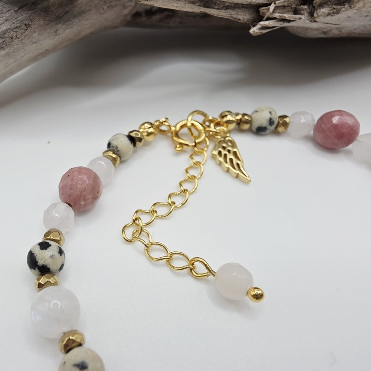 Bransoletka z kamieni naturalnych - rodonit, jaspis dalmatyński, kwarc różowy, kamień księżycowy