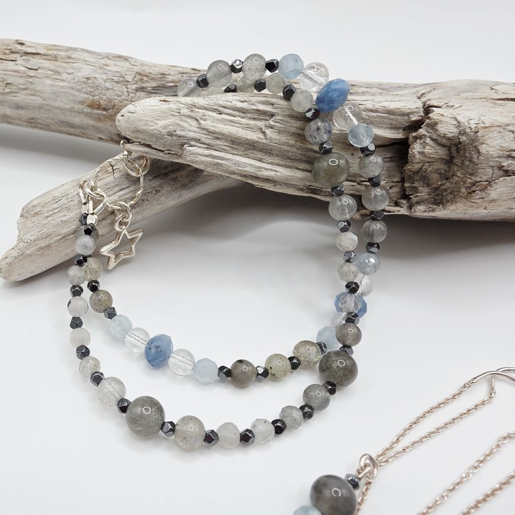 Komplet biżuterii z labradorytu, akwamarynu i kryształu górskiego