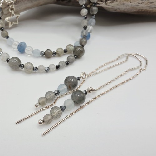 Komplet biżuterii z labradorytu, akwamarynu i kryształu górskiego