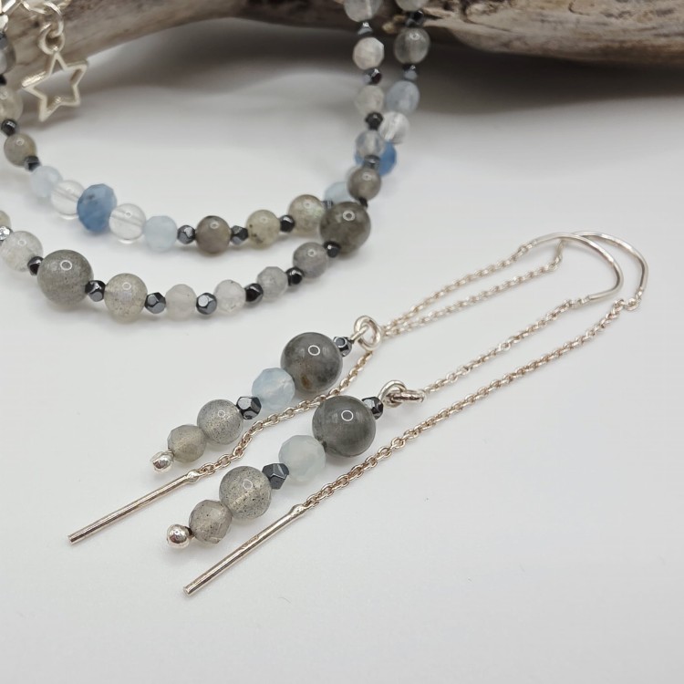 Komplet biżuterii z labradorytu, akwamarynu i kryształu górskiego