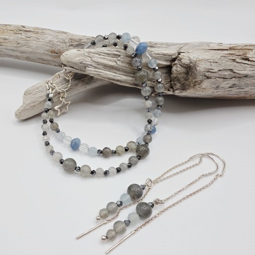 Komplet biżuterii z labradorytu, akwamarynu i kryształu górskiego