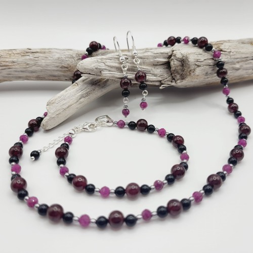 Komplet biżuterii z kamieni naturalnych - granat, rubin, onyks