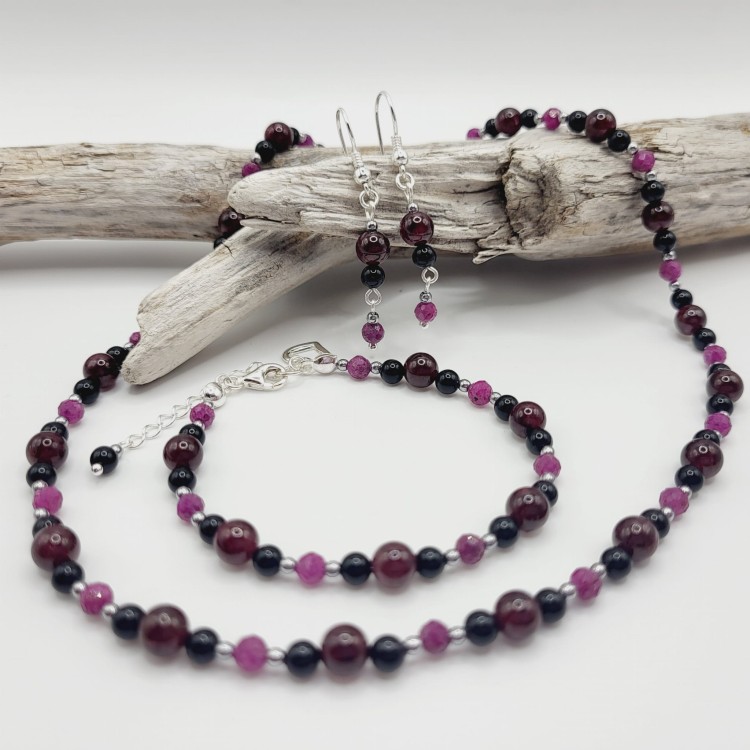 Komplet biżuterii z kamieni naturalnych - granat, rubin, onyks