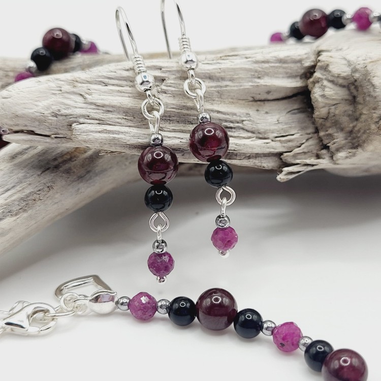 Komplet biżuterii z kamieni naturalnych - granat, rubin, onyks