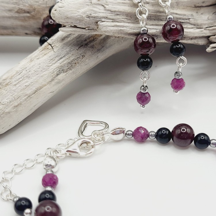 Komplet biżuterii z kamieni naturalnych - granat, rubin, onyks