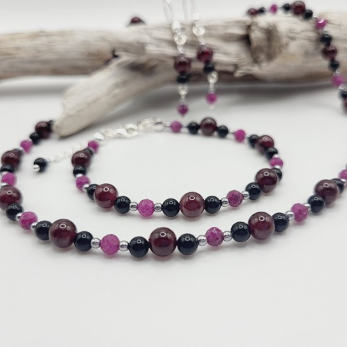 Komplet biżuterii z kamieni naturalnych - granat, rubin, onyks