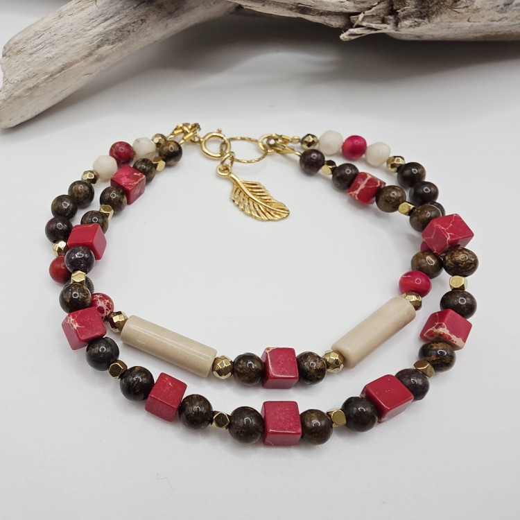 Bransoletka z kamieni naturalnych - bronzyt, jaspis, kamień rzeczny