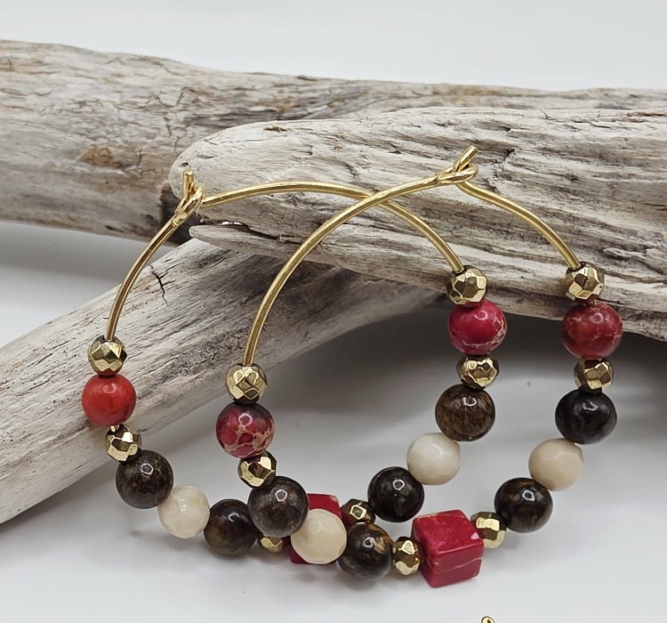 Kolczyki koła z kamieni naturalnych - bronzyt, jaspis, kamień rzeczny