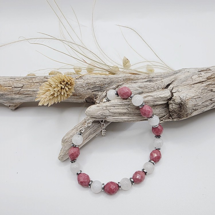 Bransoletka damska z kamieni naturalnych - rodonit i kamień księżycowy
