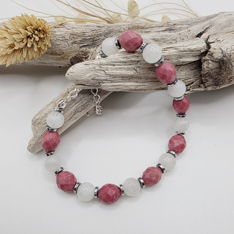 Bransoletka damska z kamieni naturalnych - rodonit i kamień księżycowy