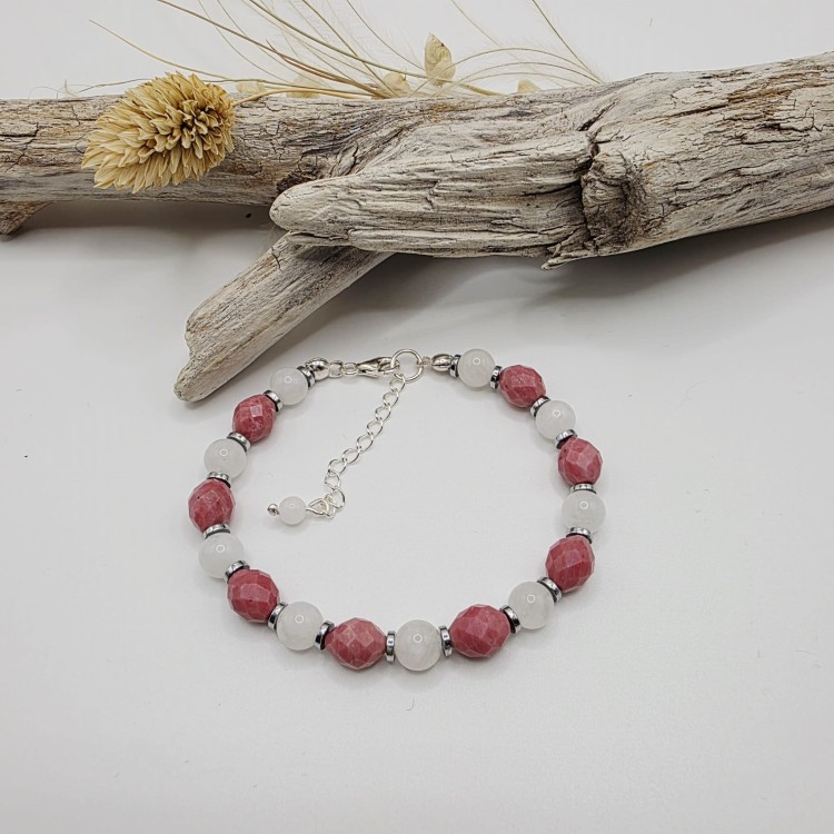 Bransoletka damska z kamieni naturalnych - rodonit i kamień księżycowy