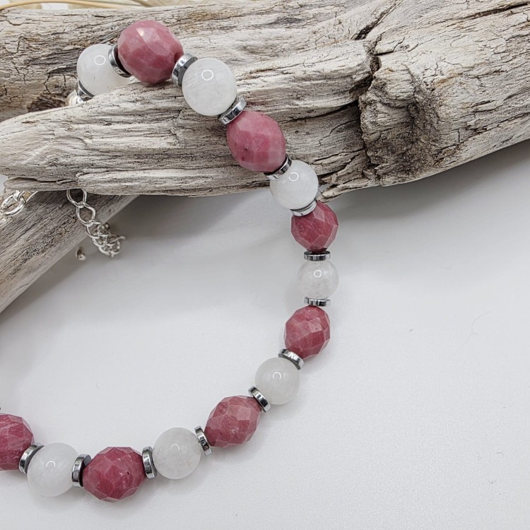 Bransoletka damska z kamieni naturalnych - rodonit i kamień księżycowy