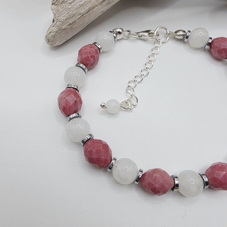 Bransoletka damska z kamieni naturalnych - rodonit i kamień księżycowy