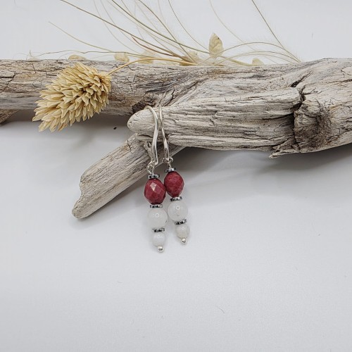 Kolczyki z kamieni naturalnych - rodonit i kamień księżycowy