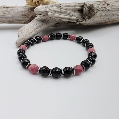 bransoletka damska z kamieni naturalnych - czarny turmalin, rodonit, hematyt
