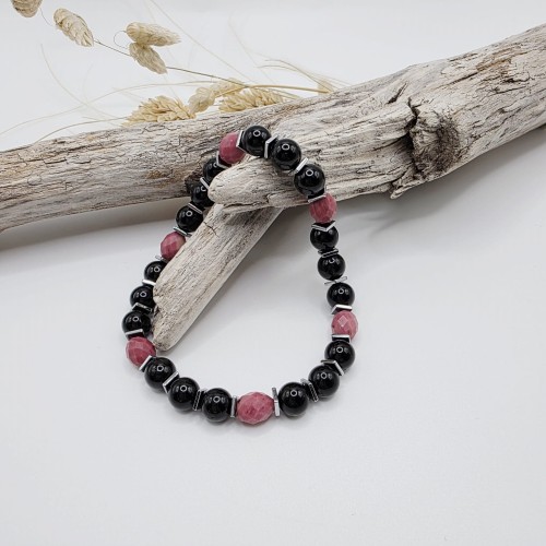 bransoletka damska z kamieni naturalnych - czarny turmalin, rodonit, hematyt