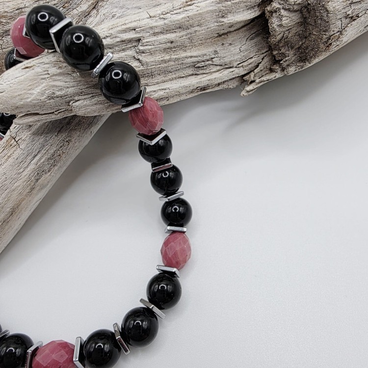 bransoletka damska z kamieni naturalnych - czarny turmalin, rodonit, hematyt