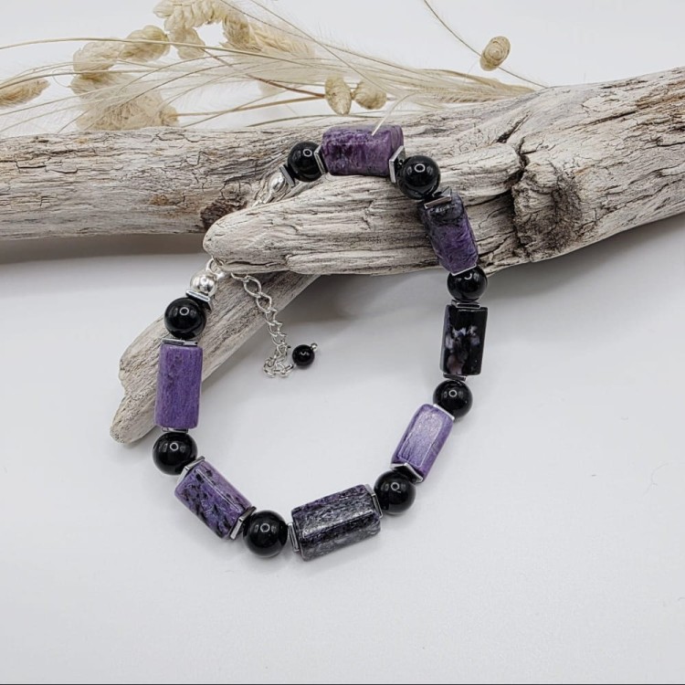 Bransoletka damska z kamieni naturalnych czaroit i czarny turmalin