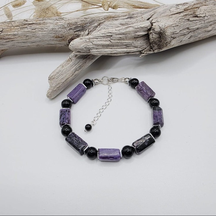 Bransoletka damska z kamieni naturalnych czaroit i czarny turmalin