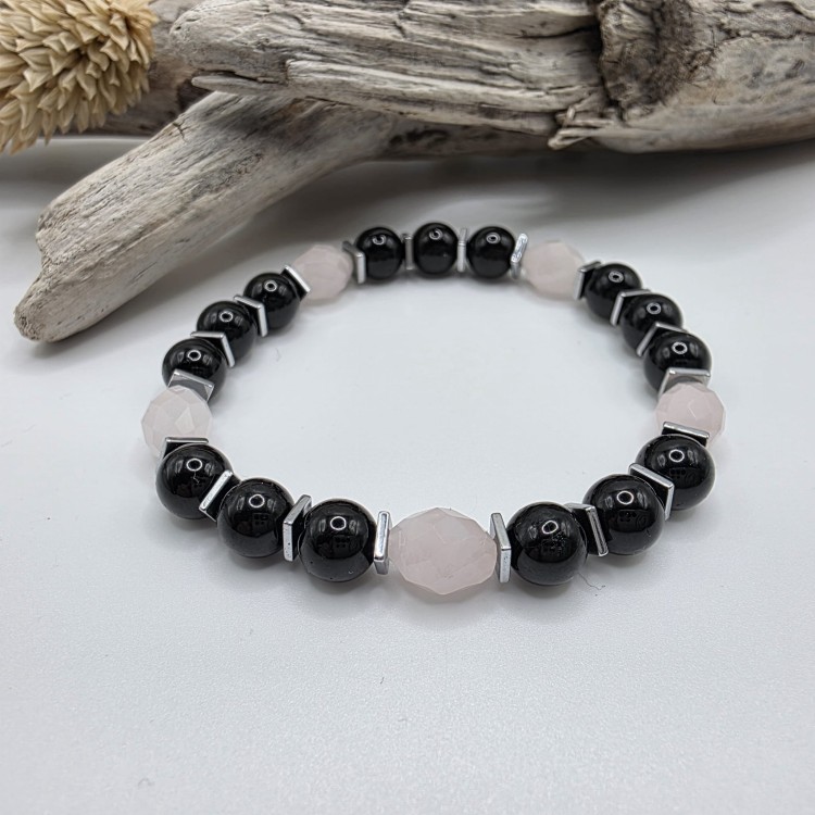 Bransoletka damska z kamieni naturalnych - czarny turmalin i kwarc różowy