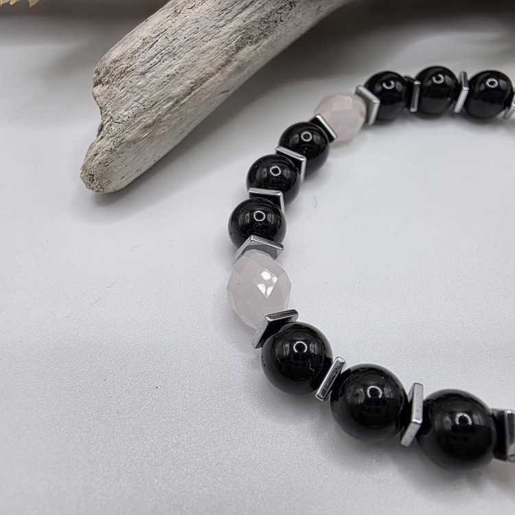 Bransoletka damska z kamieni naturalnych - czarny turmalin i kwarc różowy