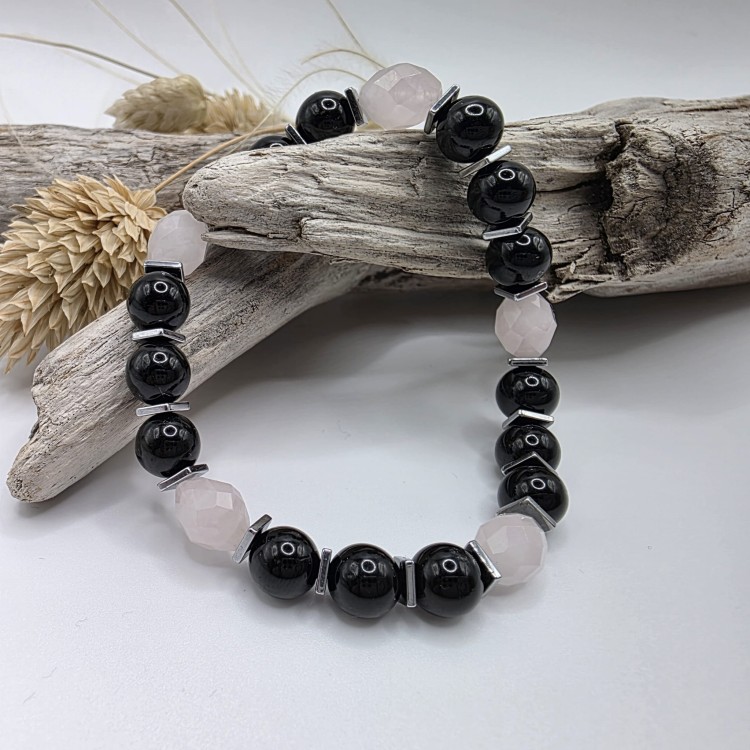 Bransoletka damska z kamieni naturalnych - czarny turmalin i kwarc różowy