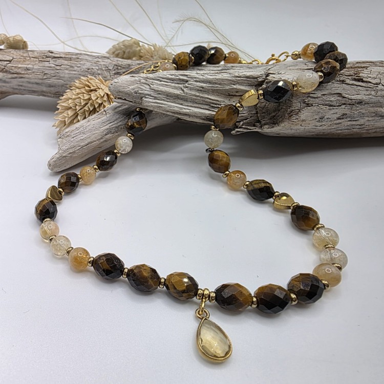 Komplet biżuterii z kamieni naturalnych - tygrysie oko, cytryn, hematyt