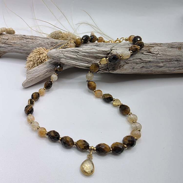 Komplet biżuterii z kamieni naturalnych - tygrysie oko, cytryn, hematyt