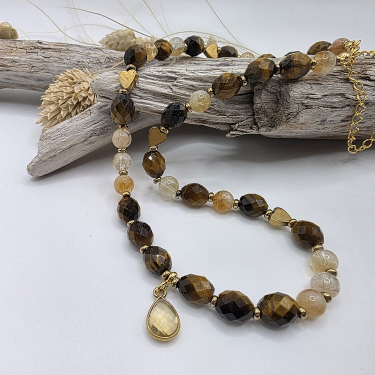 Komplet biżuterii z kamieni naturalnych - tygrysie oko, cytryn, hematyt