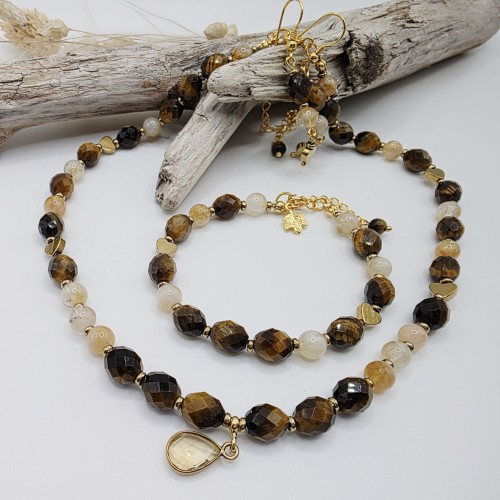 Komplet biżuterii z kamieni naturalnych - tygrysie oko, cytryn, hematyt