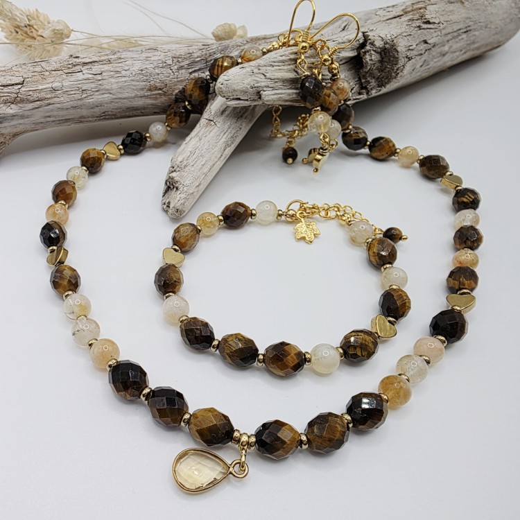 Komplet biżuterii z kamieni naturalnych - tygrysie oko, cytryn, hematyt