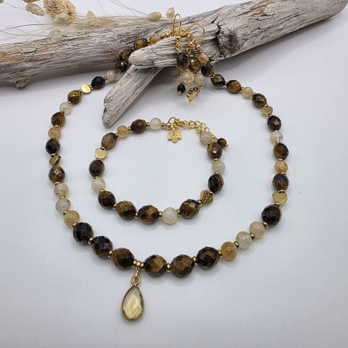 Komplet biżuterii z kamieni naturalnych - tygrysie oko, cytryn, hematyt