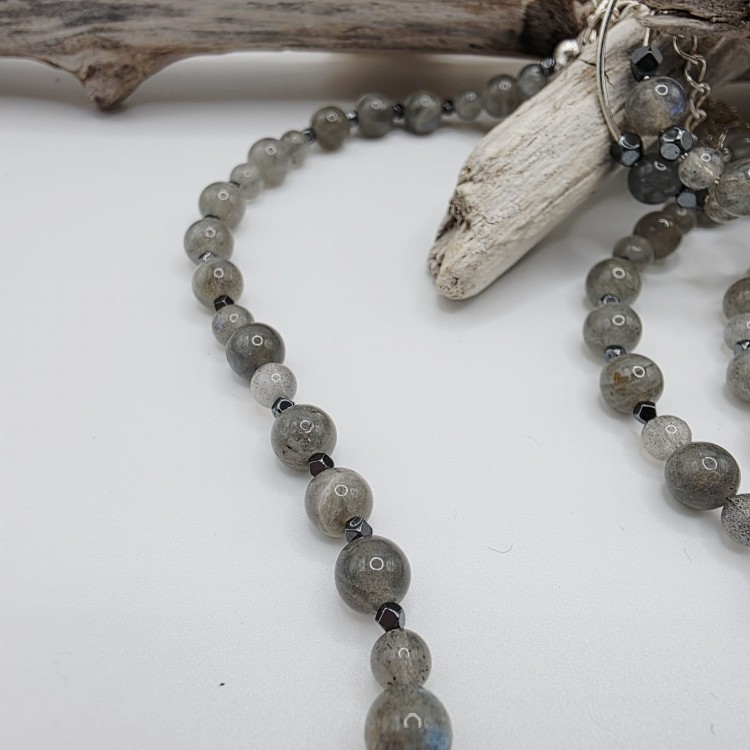 Komplet biżuterii z kamieni naturalnych - labradoryt, hematyt