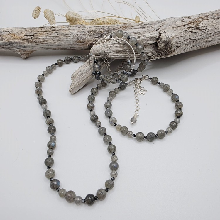 Komplet biżuterii z kamieni naturalnych - labradoryt, hematyt