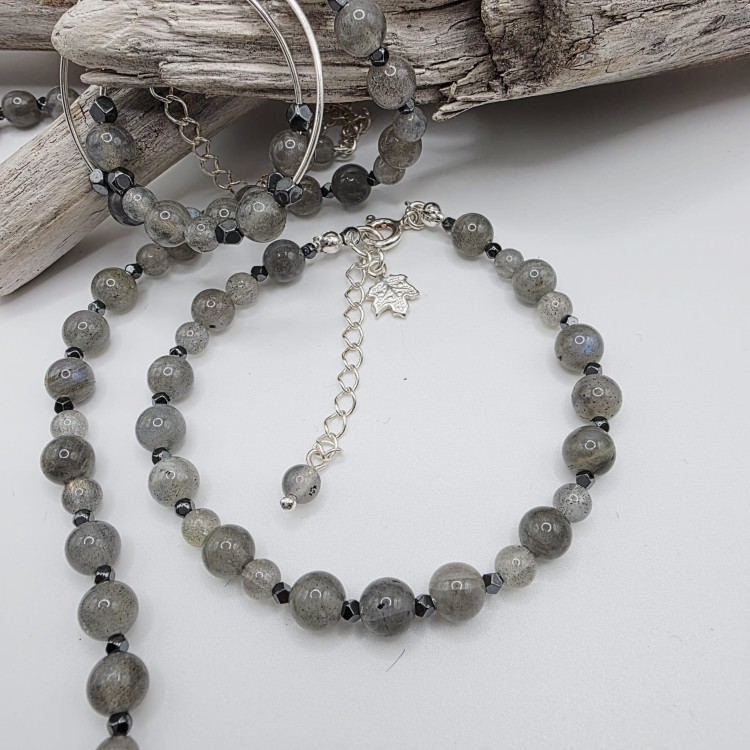 Komplet biżuterii z kamieni naturalnych - labradoryt, hematyt