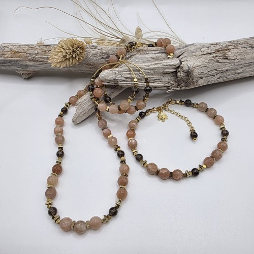 Komplet biżuterii z kamieni naturalnych - kamień słoneczny, kwarc dymny