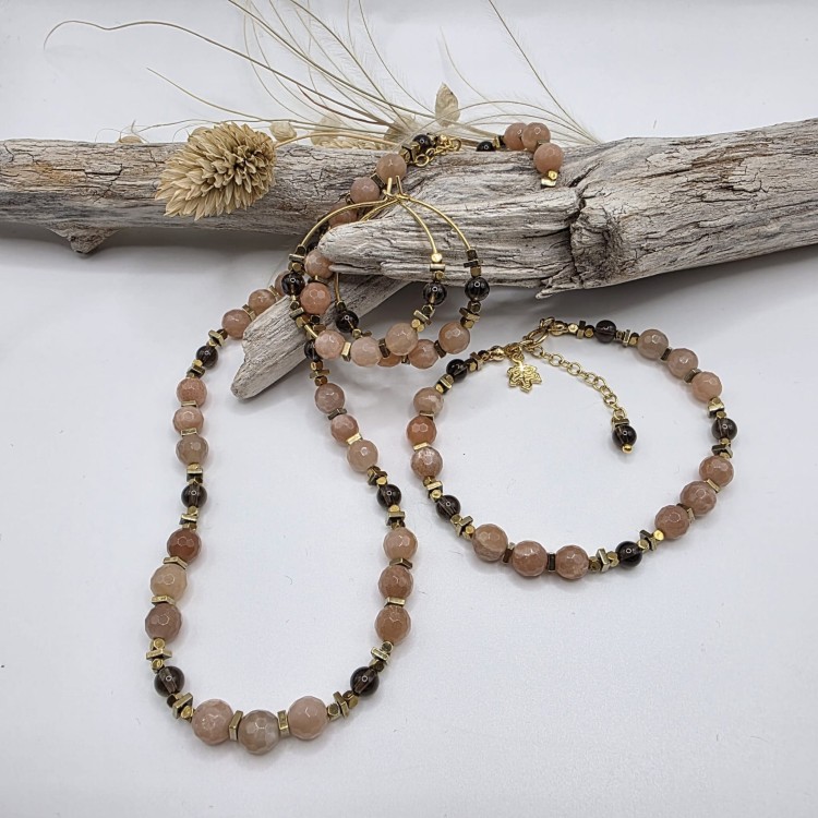 Komplet biżuterii z kamieni naturalnych - kamień słoneczny, kwarc dymny