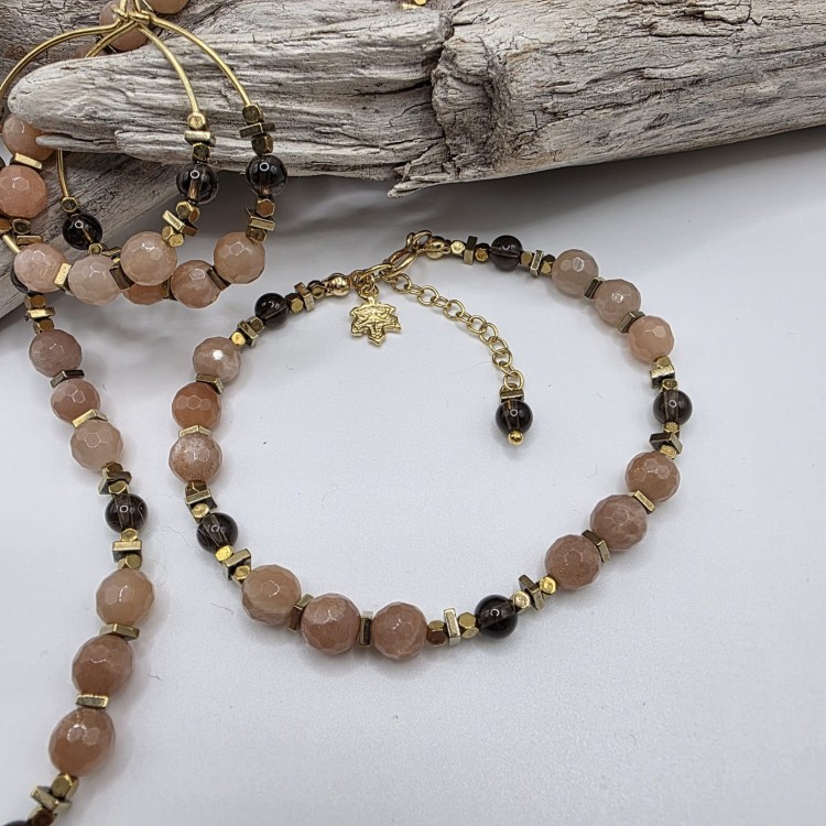 Komplet biżuterii z kamieni naturalnych - kamień słoneczny, kwarc dymny