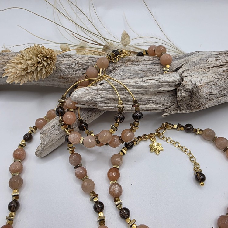 Komplet biżuterii z kamieni naturalnych - kamień słoneczny, kwarc dymny