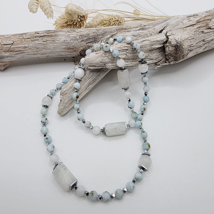Naszyjnik z kamieni naturalnych - larimar, kamień księżycowy, hematyt
