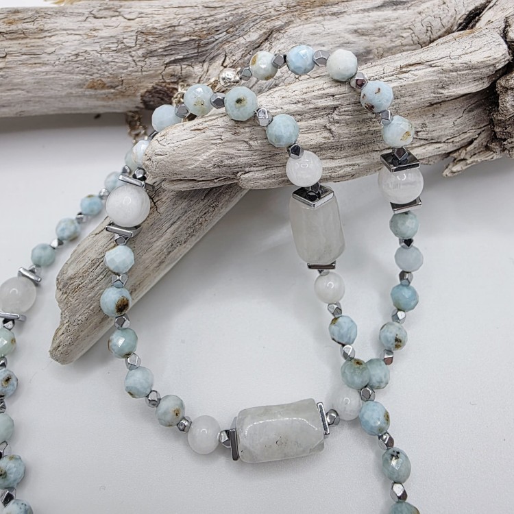 Naszyjnik z kamieni naturalnych - larimar, kamień księżycowy, hematyt