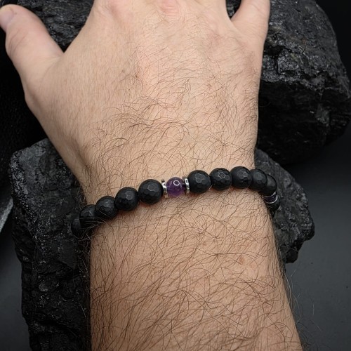 Bransoletka męska z kamieni naturalnych - onyks, ametyst, hematyt