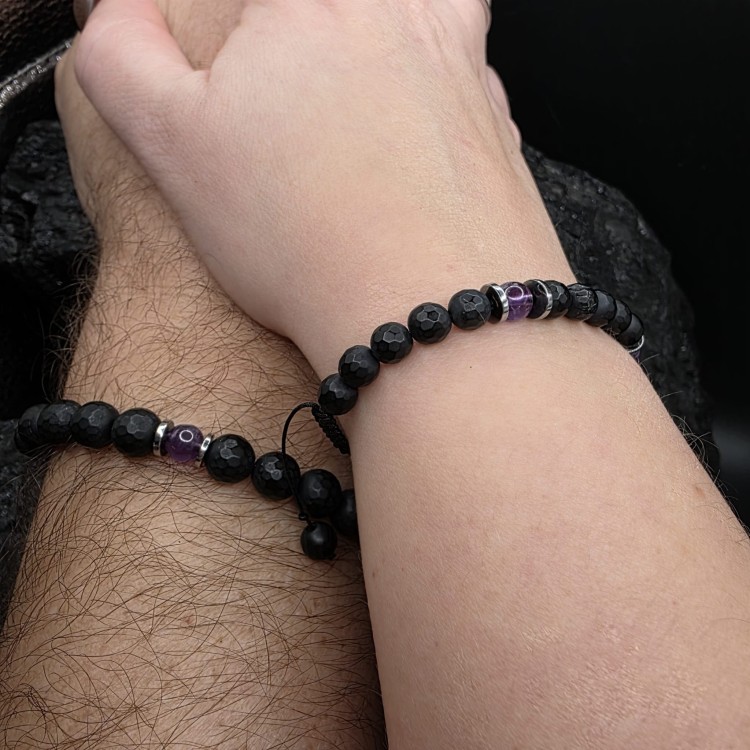 Bransoletka męska z kamieni naturalnych - onyks, ametyst, hematyt